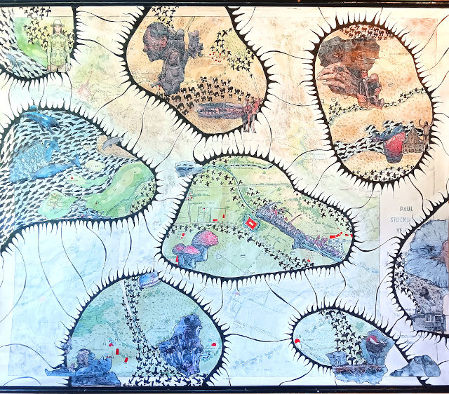 "Globales Zellgewebe" übermalte Schulkarte &copy; GINE SELLE 2025