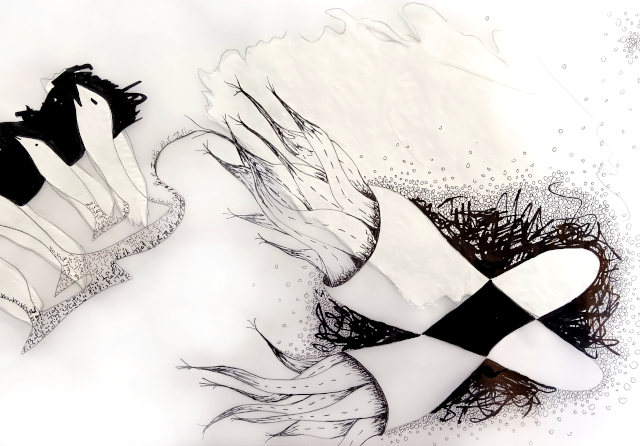 Ausschnitt aus der "Meer-Meterrrolle" - Tusche, Filzstift, Acryl, Bleistift auf &asymp; 15 m Pergamentrolle (C) GINE SELLE 2026