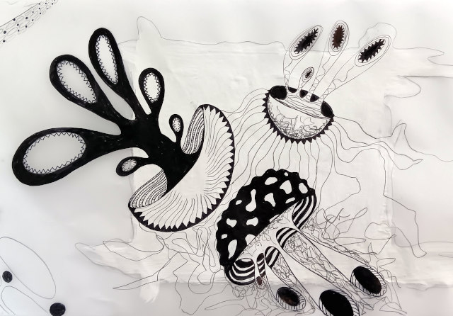 Ausschnitt aus der "Meer-Meterrrolle" - Tusche, Filzstift, Acryl, Bleistift auf &asymp; 15 m Pergamentrolle (C) GINE SELLE 2026