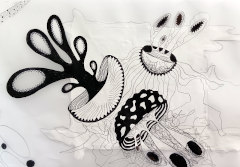 Ausschnitt aus der "Meer-Meterrrolle" - Tusche, Filzstift, Acryl, Bleistift auf &asymp; 15 m Pergamentrolle (C) GINE SELLE 2026